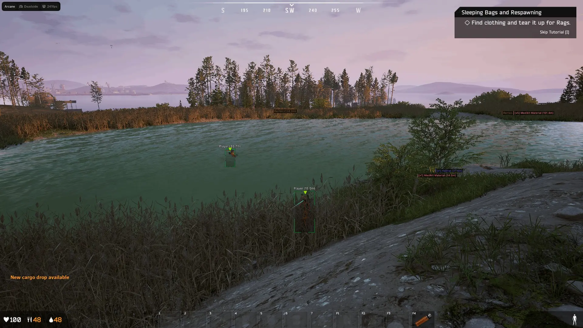 Deadside wallhack showing player skeletons and weapon tags through a compound